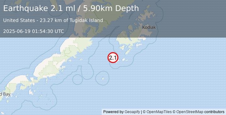 Earthquake 57 km SW of Akhiok, Alaska (2.1 ml) (2025-06-19 01:54:30 UTC)