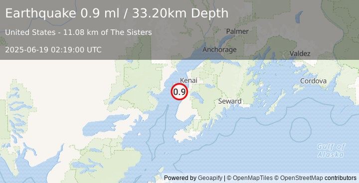 Earthquake 17 km WNW of Clam Gulch, Alaska (0.9 ml) (2025-06-19 02:19:00 UTC)