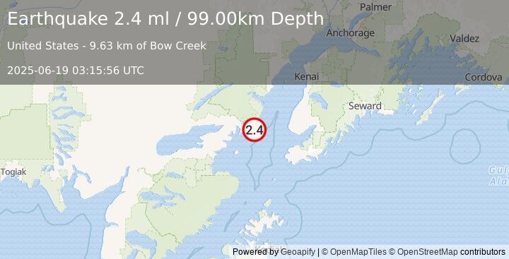 Earthquake 59 km W of Anchor Point, Alaska (2.4 ml) (2025-06-19 03:15:56 UTC)