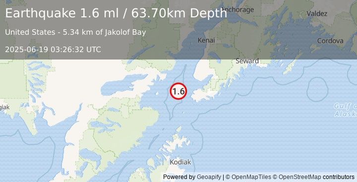 Earthquake 33 km WNW of Nanwalek, Alaska (1.6 ml) (2025-06-19 03:26:32 UTC)
