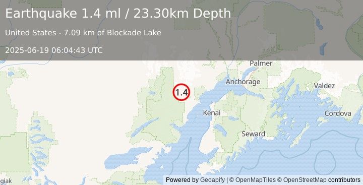 Earthquake 77 km WNW of Nikiski, Alaska (1.4 ml) (2025-06-19 06:04:43 UTC)