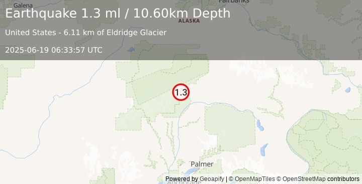 Earthquake 65 km SW of Cantwell, Alaska (1.3 ml) (2025-06-19 06:33:57 UTC)