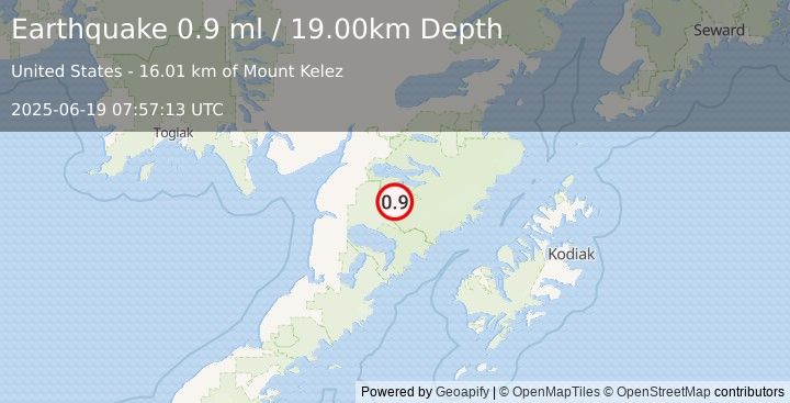 Earthquake 57 km SE of King Salmon, Alaska (0.9 ml) (2025-06-19 07:57:13 UTC)