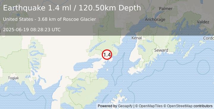 Earthquake 40 km ENE of Pedro Bay, Alaska (1.4 ml) (2025-06-19 08:28:23 UTC)