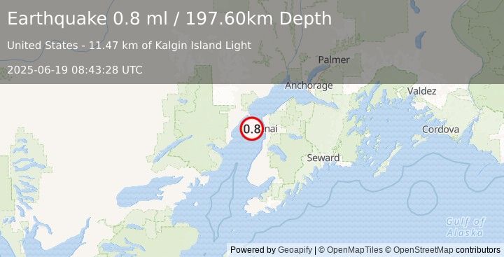 Earthquake 20 km WSW of Salamatof, Alaska (0.8 ml) (2025-06-19 08:43:28 UTC)