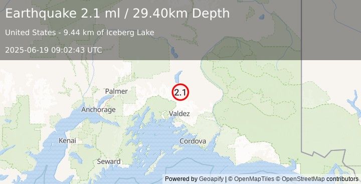 Earthquake 50 km N of Valdez, Alaska (2.1 ml) (2025-06-19 09:02:43 UTC)