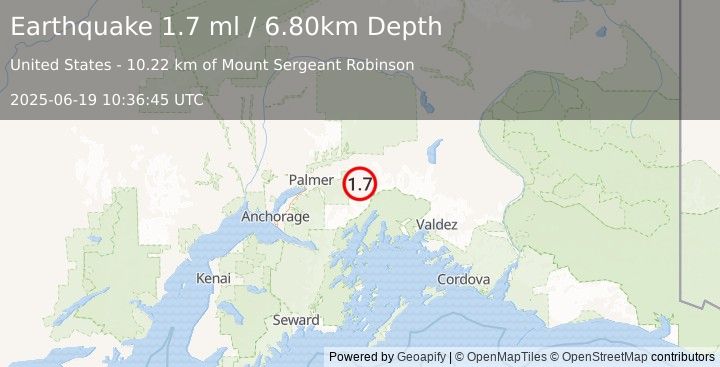 Earthquake 34 km SW of Glacier View, Alaska (1.7 ml) (2025-06-19 10:36:45 UTC)