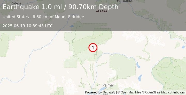 Earthquake 67 km NNE of Petersville, Alaska (1.0 ml) (2025-06-19 10:39:43 UTC)