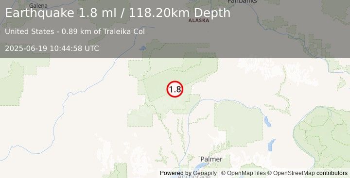 Earthquake 63 km N of Petersville, Alaska (1.8 ml) (2025-06-19 10:44:58 UTC)