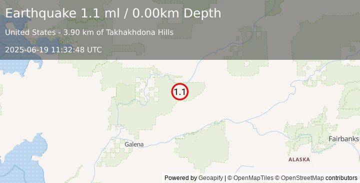 Earthquake 48 km SW of Hughes, Alaska (1.1 ml) (2025-06-19 11:32:48 UTC)