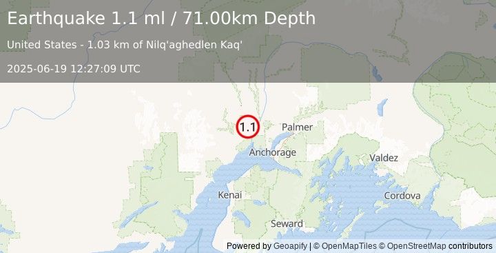 Earthquake 11 km NW of Susitna, Alaska (1.1 ml) (2025-06-19 12:27:09 UTC)