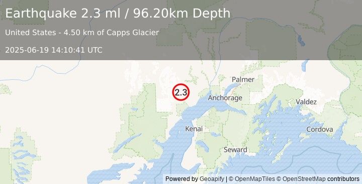 Earthquake 45 km WNW of Beluga, Alaska (2.3 ml) (2025-06-19 14:10:41 UTC)