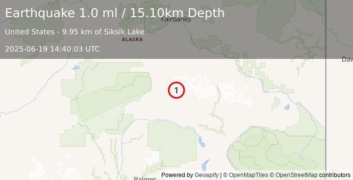 Earthquake 63 km E of Cantwell, Alaska (1.0 ml) (2025-06-19 14:40:03 UTC)