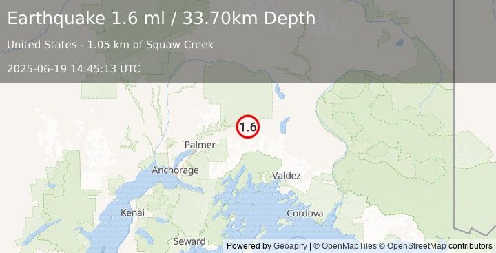 Earthquake 8 km NNE of Glacier View, Alaska (1.6 ml) (2025-06-19 14:45:13 UTC)
