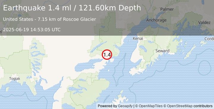 Earthquake 36 km ENE of Pedro Bay, Alaska (1.4 ml) (2025-06-19 14:53:05 UTC)