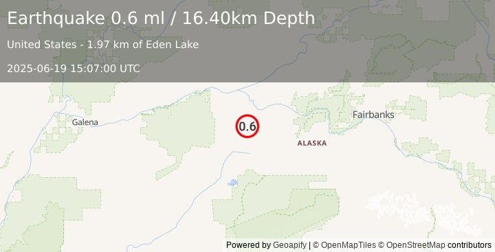 Earthquake 57 km SSE of Tanana, Alaska (0.6 ml) (2025-06-19 15:07:00 UTC)