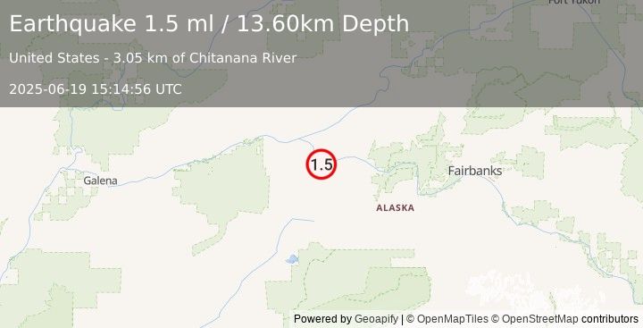 Earthquake 40 km SE of Tanana, Alaska (1.5 ml) (2025-06-19 15:14:56 UTC)