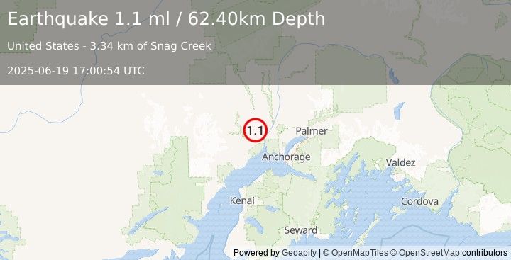 Earthquake 19 km WNW of Susitna, Alaska (1.1 ml) (2025-06-19 17:00:54 UTC)