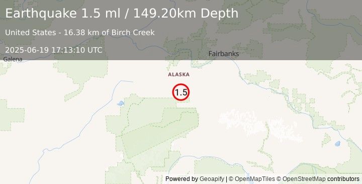 Earthquake 24 km WNW of Ferry, Alaska (1.5 ml) (2025-06-19 17:13:10 UTC)