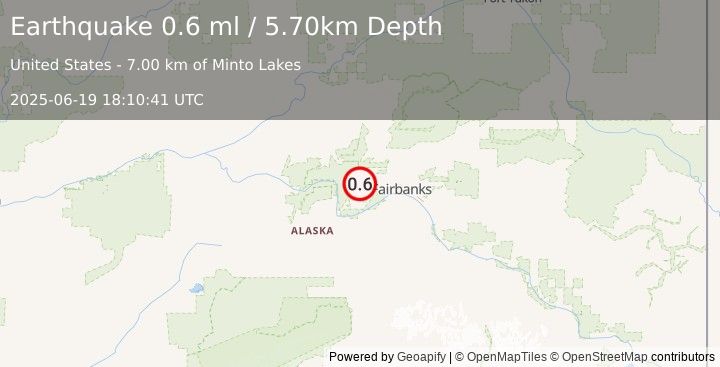 Earthquake 29 km W of Ester, Alaska (0.6 ml) (2025-06-19 18:10:41 UTC)