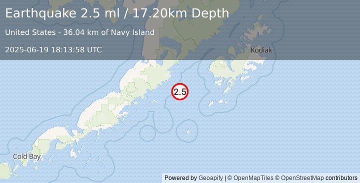 Earthquake 111 km W of Akhiok, Alaska (2.5 ml) (2025-06-19 18:13:58 UTC)