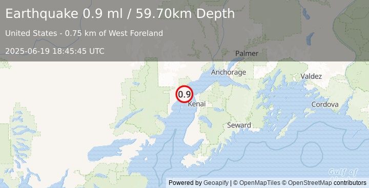 Earthquake 27 km WNW of Nikiski, Alaska (0.9 ml) (2025-06-19 18:45:45 UTC)