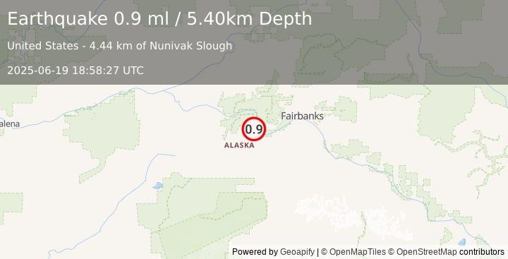 Earthquake 7 km NW of Four Mile Road, Alaska (0.9 ml) (2025-06-19 18:58:27 UTC)