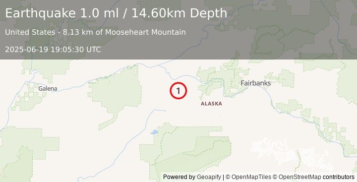 Earthquake 42 km SSW of Manley Hot Springs, Alaska (1.0 ml) (2025-06-19 19:05:30 UTC)