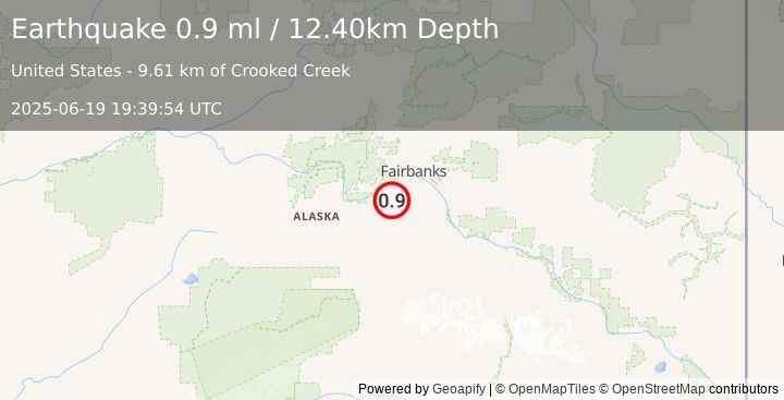 Earthquake 29 km SSW of Ester, Alaska (0.9 ml) (2025-06-19 19:39:54 UTC)