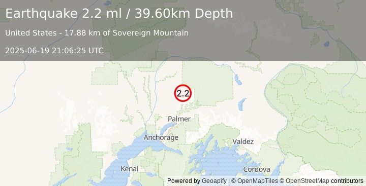 Earthquake 39 km NNW of Sutton-Alpine, Alaska (2.2 ml) (2025-06-19 21:06:25 UTC)