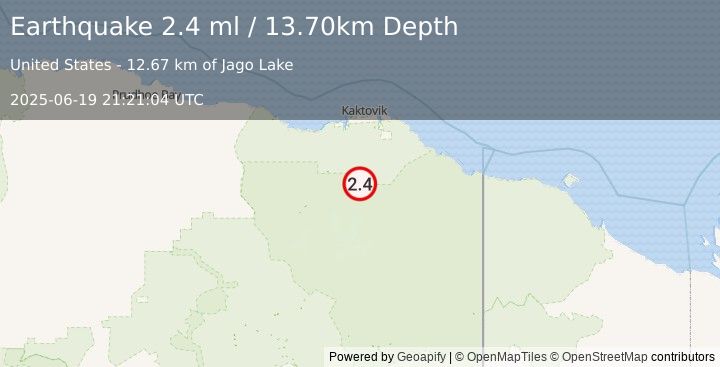 Earthquake 62 km S of Kaktovik, Alaska (2.4 ml) (2025-06-19 21:21:04 UTC)