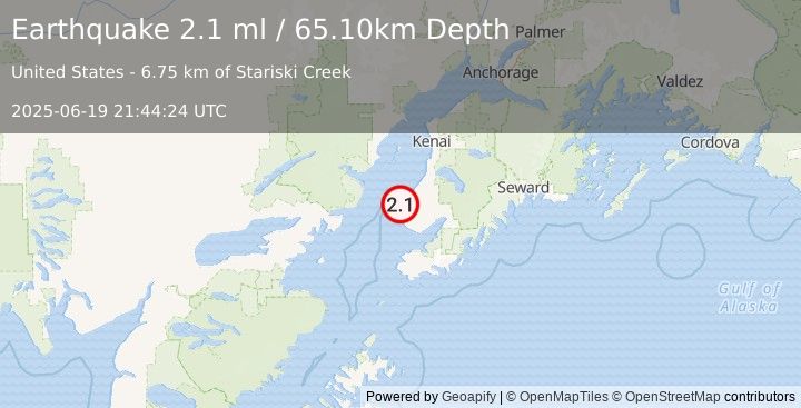 Earthquake 7 km WSW of Happy Valley, Alaska (2.1 ml) (2025-06-19 21:44:24 UTC)