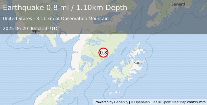 Earthquake 81 km NNW of Karluk, Alaska (0.8 ml) (2025-06-20 00:52:50 UTC)