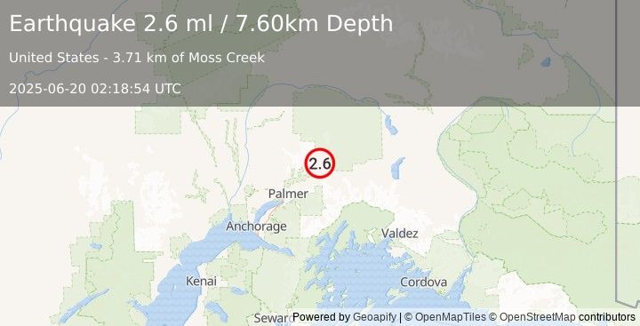 Earthquake 19 km NNE of Chickaloon, Alaska (2.6 ml) (2025-06-20 02:18:54 UTC)