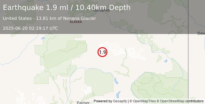 Earthquake 66 km E of Cantwell, Alaska (1.9 ml) (2025-06-20 02:19:17 UTC)