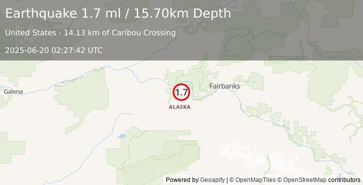 Earthquake 26 km WNW of Four Mile Road, Alaska (1.7 ml) (2025-06-20 02:27:42 UTC)