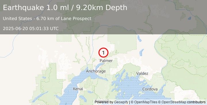 Earthquake 17 km NNW of Fishhook, Alaska (1.0 ml) (2025-06-20 05:01:33 UTC)