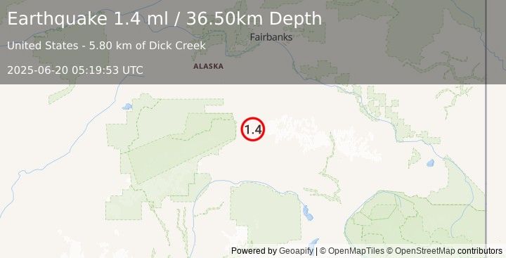 Earthquake 35 km ESE of Denali Park, Alaska (1.4 ml) (2025-06-20 05:19:53 UTC)