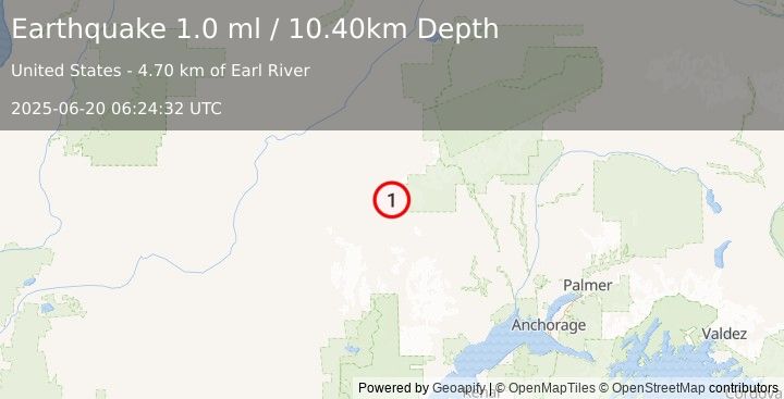 Earthquake 95 km SE of Nikolai, Alaska (1.0 ml) (2025-06-20 06:24:32 UTC)
