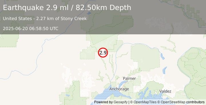 Earthquake 19 km W of Petersville, Alaska (2.9 ml) (2025-06-20 06:58:50 UTC)