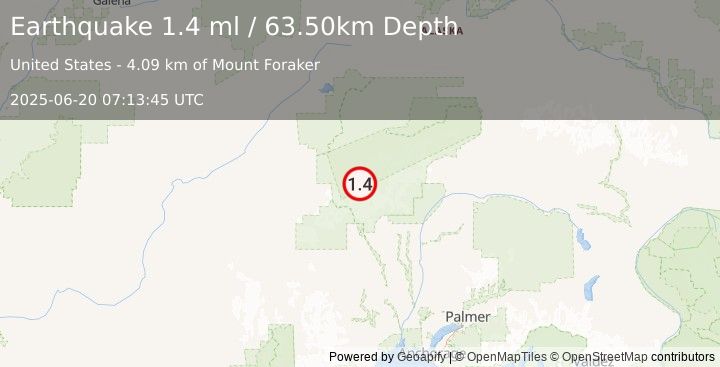 Earthquake 63 km NW of Petersville, Alaska (1.4 ml) (2025-06-20 07:13:45 UTC)