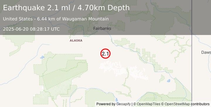 Earthquake 57 km SW of Harding-Birch Lakes, Alaska (2.1 ml) (2025-06-20 08:28:17 UTC)