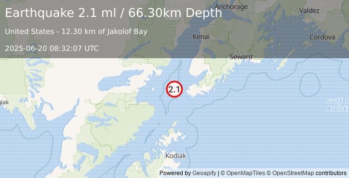 Earthquake 30 km W of Nanwalek, Alaska (2.1 ml) (2025-06-20 08:32:07 UTC)