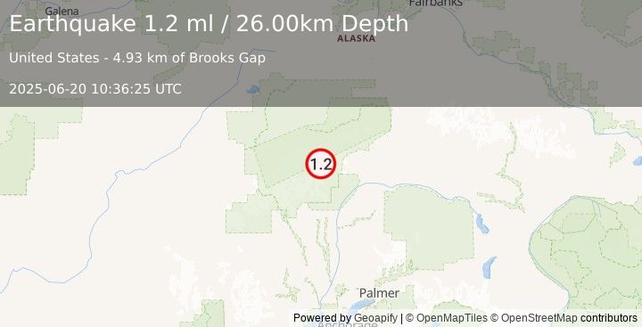 Earthquake 65 km N of Petersville, Alaska (1.2 ml) (2025-06-20 10:36:25 UTC)