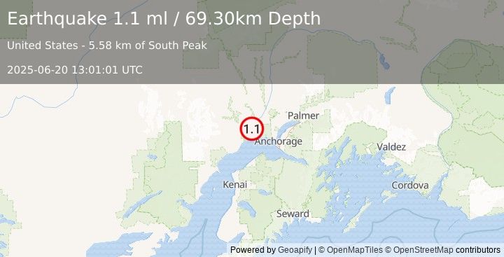 Earthquake 19 km SW of Susitna, Alaska (1.1 ml) (2025-06-20 13:01:01 UTC)