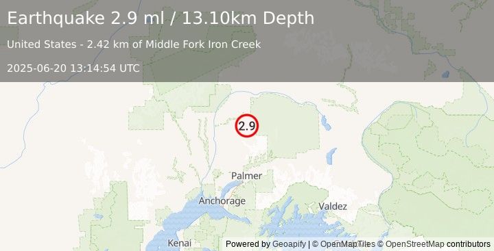 Earthquake 44 km ENE of Susitna North, Alaska (2.9 ml) (2025-06-20 13:14:54 UTC)