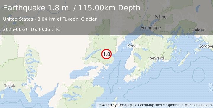 Earthquake 63 km E of Port Alsworth, Alaska (1.8 ml) (2025-06-20 16:00:06 UTC)