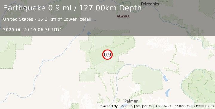 Earthquake 59 km SE of Denali National Park, Alaska (0.9 ml) (2025-06-20 16:06:36 UTC)