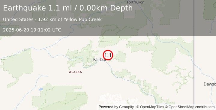 Earthquake 15 km E of Fox, Alaska (1.1 ml) (2025-06-20 19:11:02 UTC)