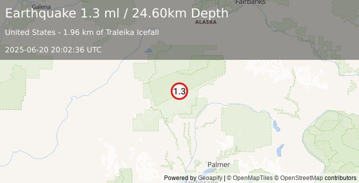 Earthquake 66 km N of Petersville, Alaska (1.3 ml) (2025-06-20 20:02:36 UTC)